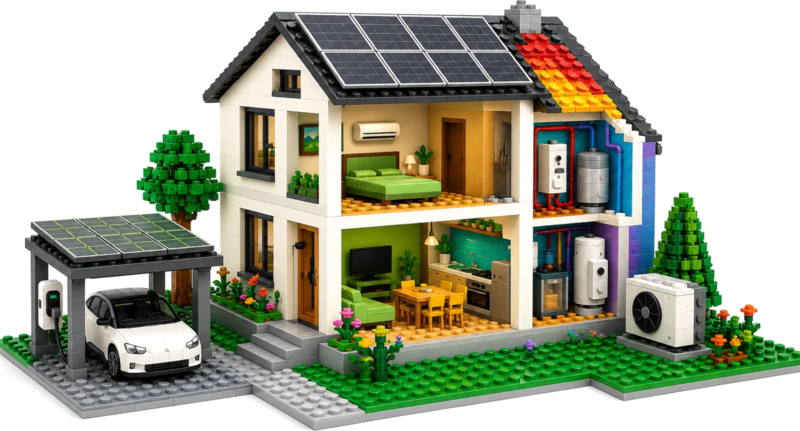 Écosystème énergétique Eco-Green — maison équipée de panneaux solaires, batterie, pompe à chaleur, borne de recharge et isolation